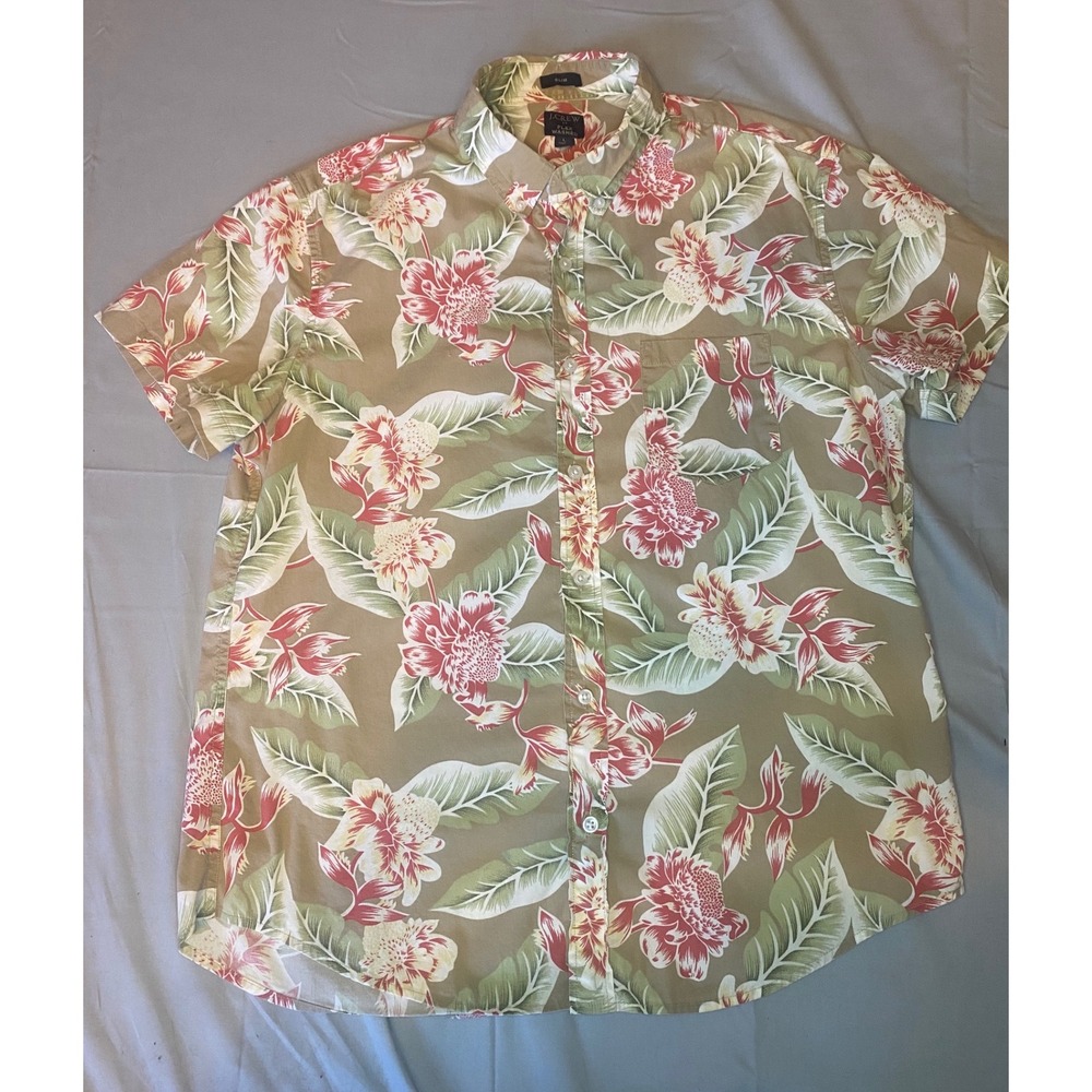 J.Crew Flex Washed Shirt Mens L Tan Floral Short Sleeve Slim Fit Excellent AL482